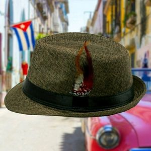 GROOVY GLAM Brown Woven Trilby Fedora Hat Feather Pick Embellishment